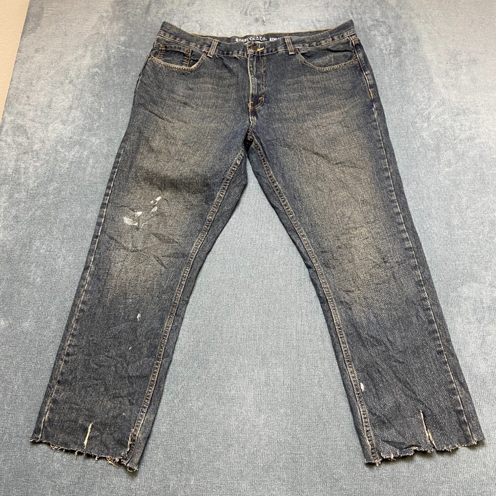 Roebuck & Co Jeans Men 40x30 Blue Denim Cotton Frayed Hem Athletic Fit Dark Wash